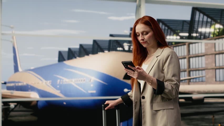 Woman walks through airport terminal with smartphone and luggage, while joyous female traveler using mobile phone for texting in air transportation hub, carrying trolley.