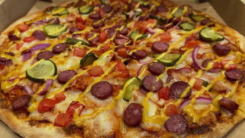 Close-up of pizza with sausage, pickles, red onion, tomatoes and melted cheese drizzled with yellow sauce in cardboard box. Food, fast food, meal.