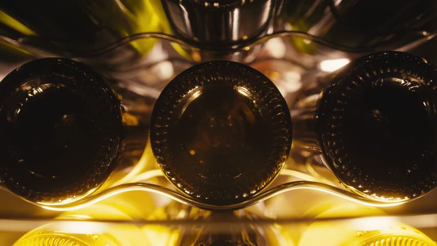 Storing bottles of wine in fridge, white and red wines in cooler. Alcoholic card in restaurant or at home storage, shop supermarket. Cooling and preserving wine and cava champagne..