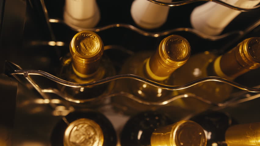 Storing bottles of wine in fridge, white and red wines in cooler. Alcoholic card in restaurant or at home storage, shop supermarket. Cooling and preserving wine and cava champagne..
