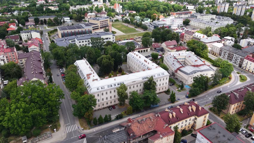 Drone shot of Tarnow Academy (Akademia Tarnowska) building, Poland