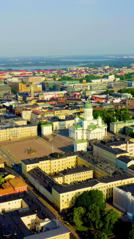 Vertical video. Helsinki, Finland. City center aerial view. Helsinki Cathedral. Senate square. Market Square. Aerial View. Rich colors
