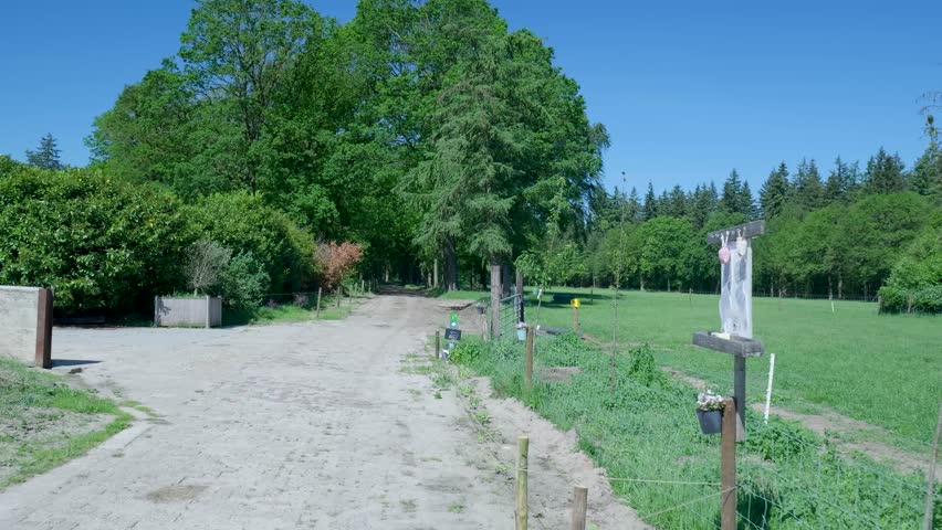 Downward crane shot revealing a dirt path leading into a park with lush trees and a grassy field