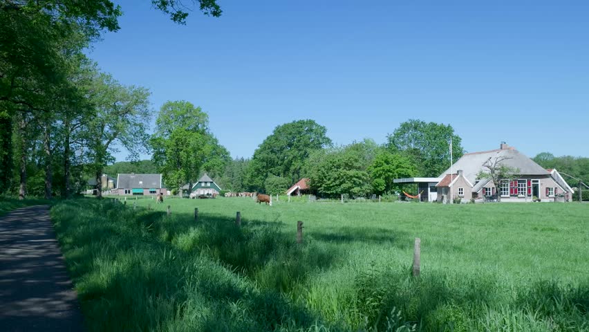 Peaceful rural landscape with farmhouses and animals grazing in a lush green meadow under a clear blue sky