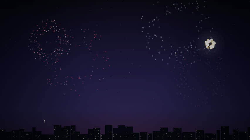 Colorful fireworks exploding in the dark night sky over a city skyline silhouette. Perfect illustration background for New Year, 4th of July, festivals, and celebration designs