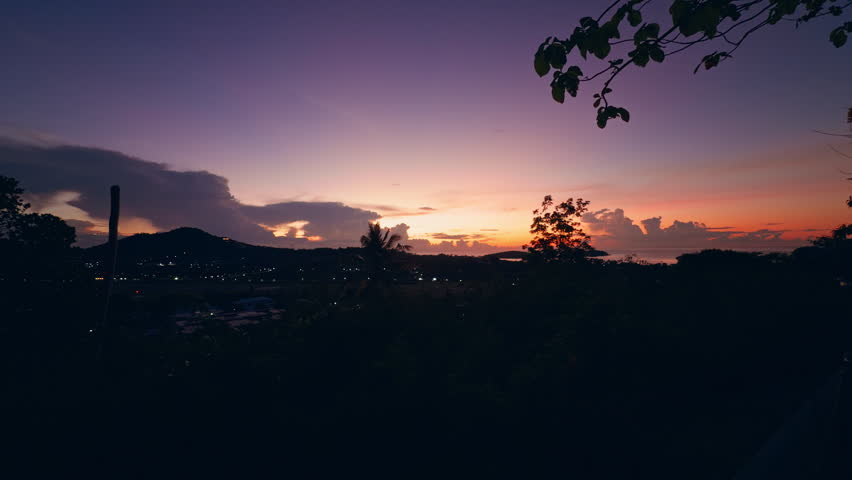 Sunrise Over Koh Samui Island With Tropical Hills, Coastal Landscape and Colorful Morning Sky. Travel, Nature and Tropical Paradise.