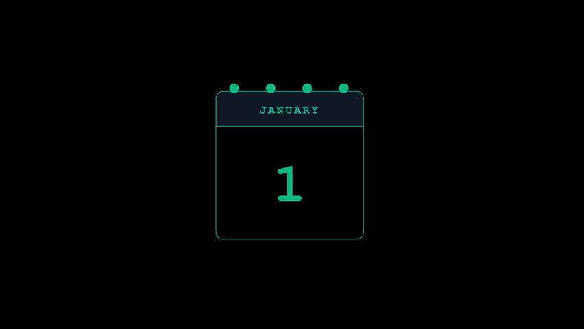 Animated calendar transitions through january dates in a smooth digital motion video clip featuring minimalist green and dark blue aesthetics.
