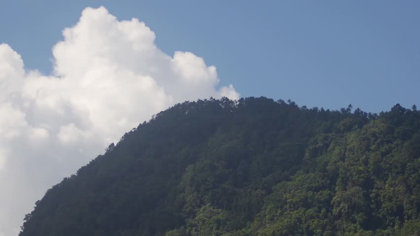 The view of a hill with green trees and blue clouds