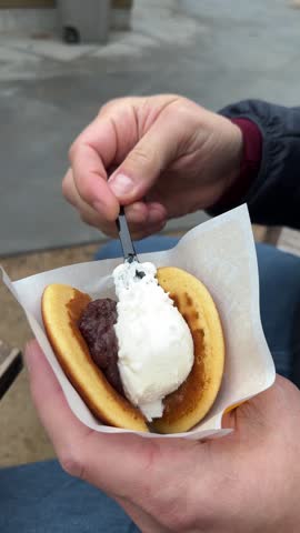 Close up of hands holding and eating a traditional Japanese dorayaki with red bean paste and ice cream
