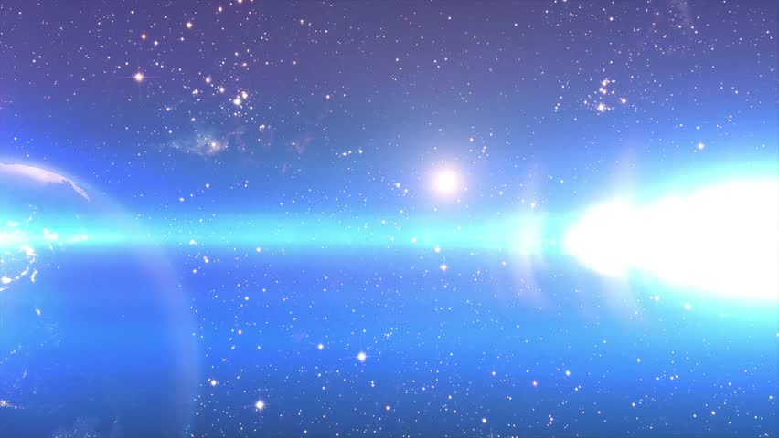 Space view of Earth Realistic with glow star partticles in galaxy animation. Earth  from space. The camera flies in to the Earth. Stars twinkle Flight over the Earth.