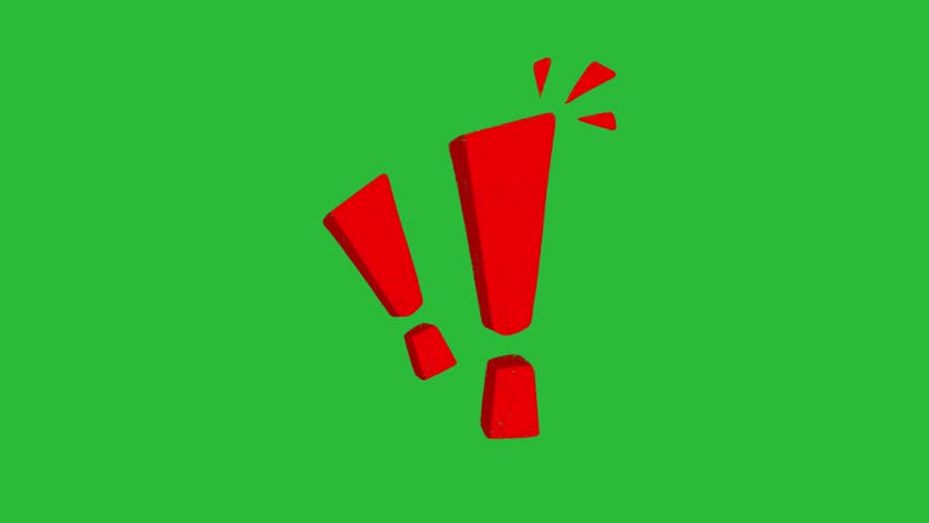 Hand Drawn 2D Animated Triple Red Exclamation Marks Alert Icon on Green Screen