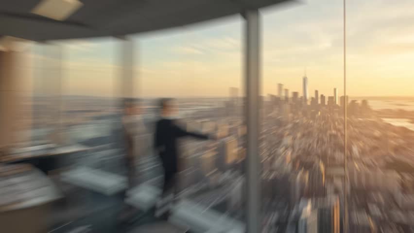 Motion blurred professionals in a skyscraper office with a panoramic city view during golden hour.