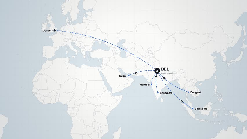 Delhi DEL airport flight routes network map animation seamless loop with airplane icons to 6 destinations