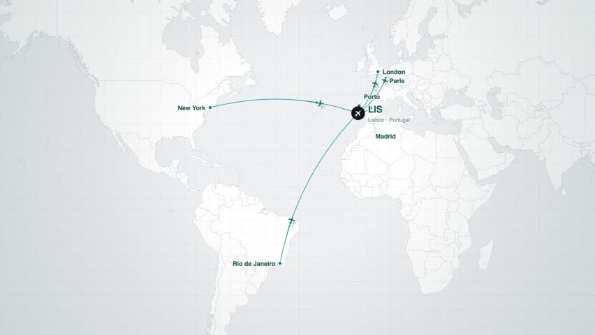 Lisbon LIS airport flight routes network map animation seamless loop with airplane icons to 6 destinations