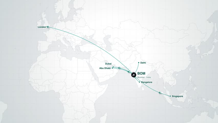 Mumbai BOM airport flight routes network map animation seamless loop with airplane icons to 6 destinations