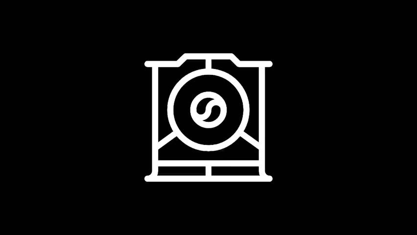 A clean, modern icon featuring a stylized gong with concentric circles and a central yin-yang like element, set against a stark black backdrop