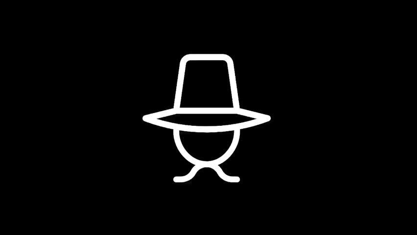 A simple, abstract line drawing depicts a figure with a wide-brimmed hat and a subtle bow tie against a stark black backdrop