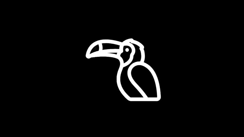 A clean, modern line art drawing of a toucan bird with its distinctive large beak, presented in white against a solid black backdrop