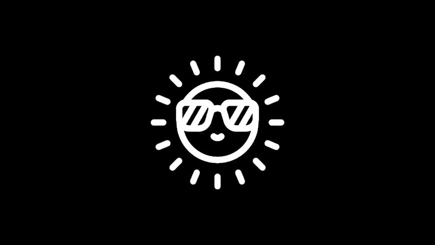 A minimalist white line art icon of a cheerful sun sporting cool square sunglasses, set against a stark black backdrop, perfect for summer themes