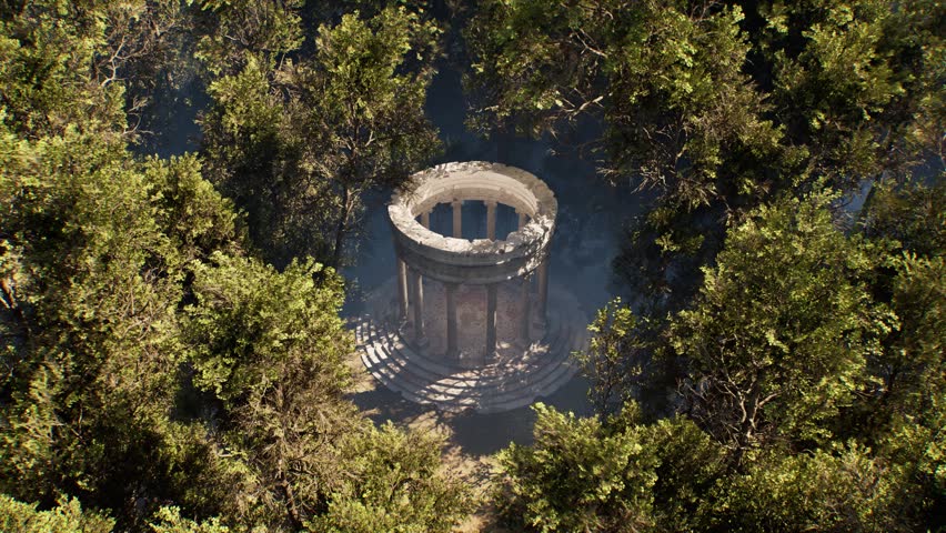 Aerial view of a mysterious ancient temple ruin surrounded by a dense forest and misty water. Realistic 3d rendering of a lost civilization