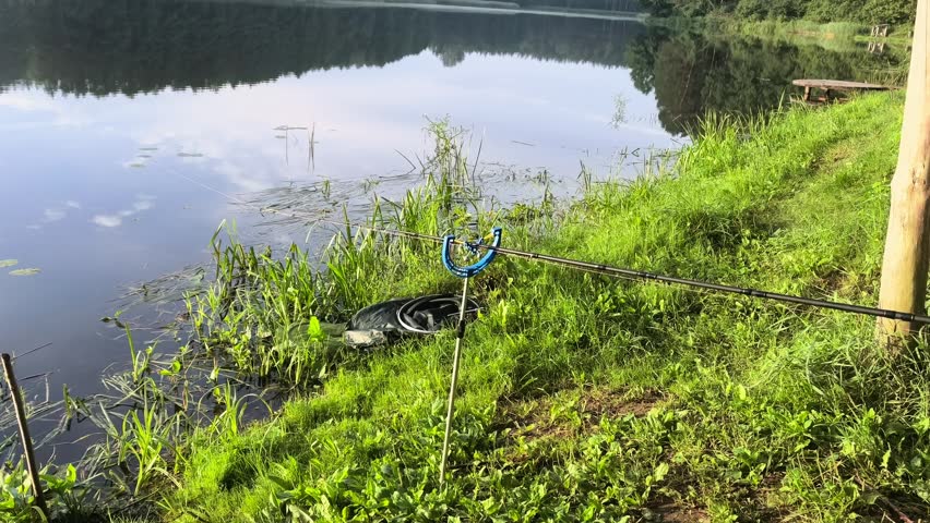 Two fishing poles are placed near the edge of a lake with green grass and plants around. The water is still and reflects the sky above while it is daytime.