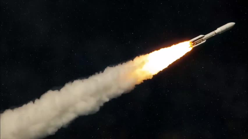 Heavy space rocket launch flying into outer space starry sky, 3D render spacecraft launch animation.