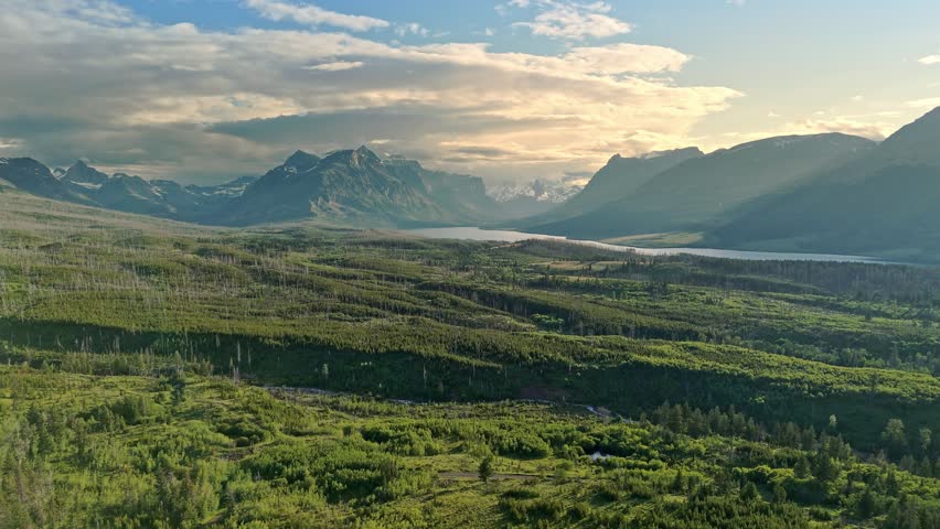Aerial View of Saint Mary Lake and the Rocky Mountains near Babb, Montana, USA.  Near Glacier National Park. July 4, 2024. 