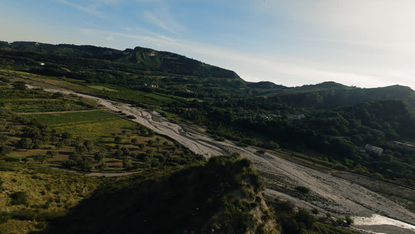 Aerial landscape of valley and rugged hills