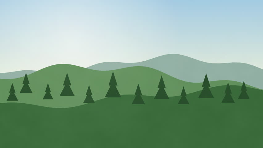 Pixelated green mountain landscape with evergreen trees and hazy sky, serene nature background, forest scene, outdoor environment