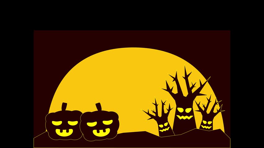 Halloween background with spooky pumpkins, scary trees, and full moon silhouette landscape vector illustration