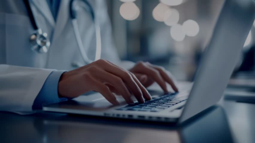 Male Doctor Using Laptop With Animated Medical Cross Icon, Digital Healthcare Dashboard, Clinical Workflow, Patient Care Technology, Telemedicine Services and Electronic Health Management