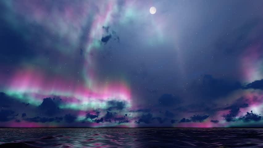 Aurora borealis over tranquil ocean under moonlit night sky