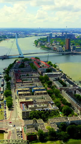 Vertical video. Rotterdam, Netherlands. The Erasmus Bridge, nicknamed 