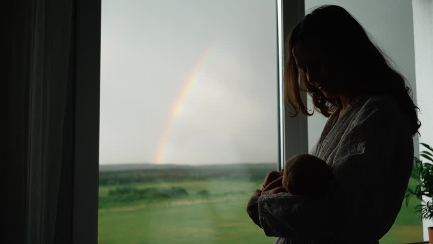Silhouette of a young mother tenderly holding her newborn baby in her arms while standing by the window, pointing at a colorful rainbow appearing in the sky after a rainstorm