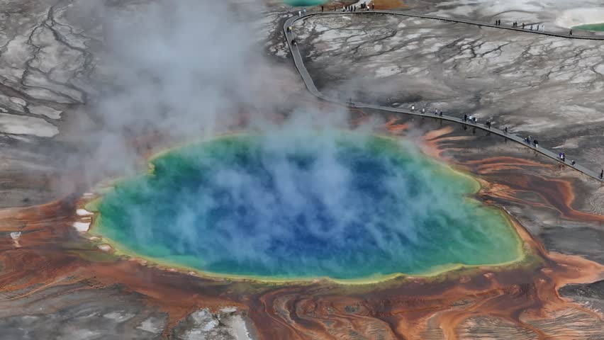 Aerial view of the geothermal hot spring scenery of the Grand Prismatic in Yellowstone National Park, USA