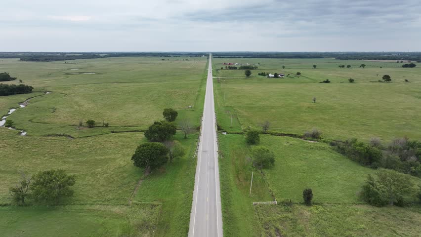 Aerial view of the green fields along Route 66 in Oklahoma, USA