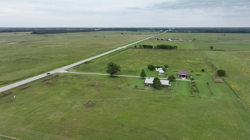 Aerial view of the green fields along Route 66 in Oklahoma, USA
