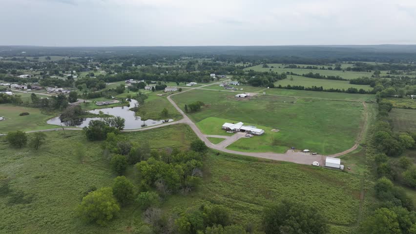 Aerial view of the green fields along Route 66 in Oklahoma, USA