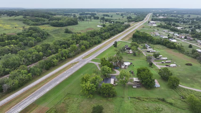 Aerial view of the green fields along Route 66 in Oklahoma, USA