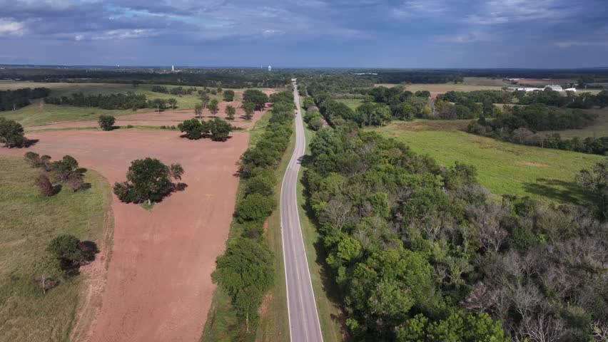 Aerial view of the green fields along Route 66 in Oklahoma, USA