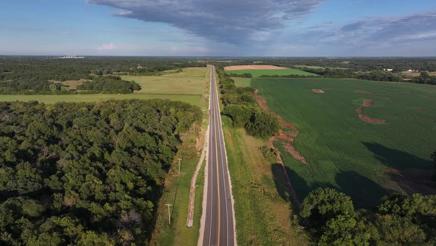 Aerial view of the green fields along Route 66 in Oklahoma, USA