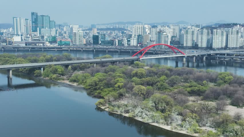 Seogang Bridge Aerial View: Han River Drone Shot in Seoul