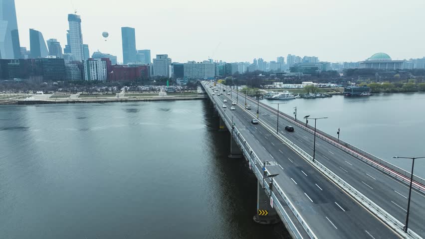Seogang Bridge Aerial View: Han River Drone Shot in Seoul