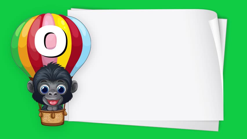 Animated gorilla in colorful hot air balloon floats beside blank white banner on green screen.