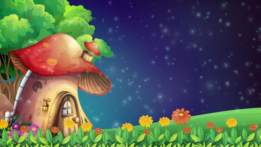 Cartoon mushroom cottage sits in flowery meadow under starry night sky with drifting light particles.