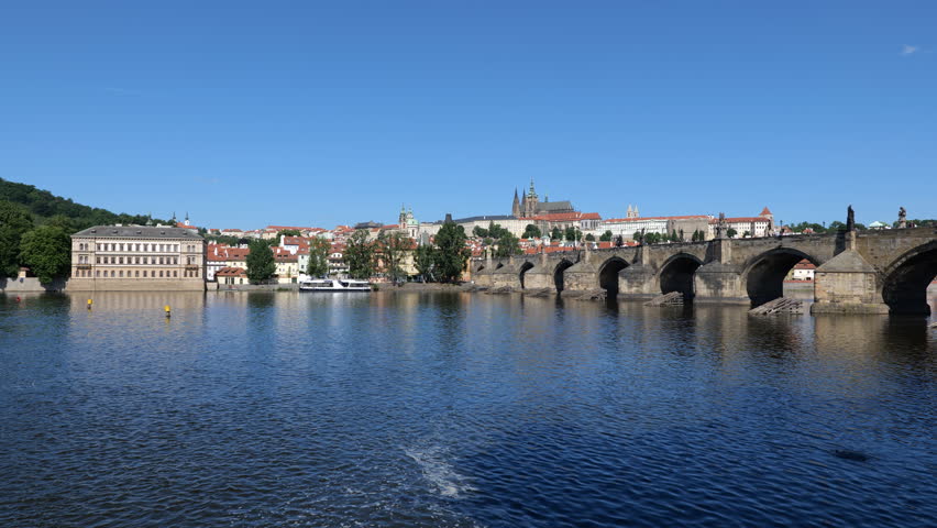 City skyline of Prague with Charles Bridge on Vltava River in Czechia (Czech Republic).