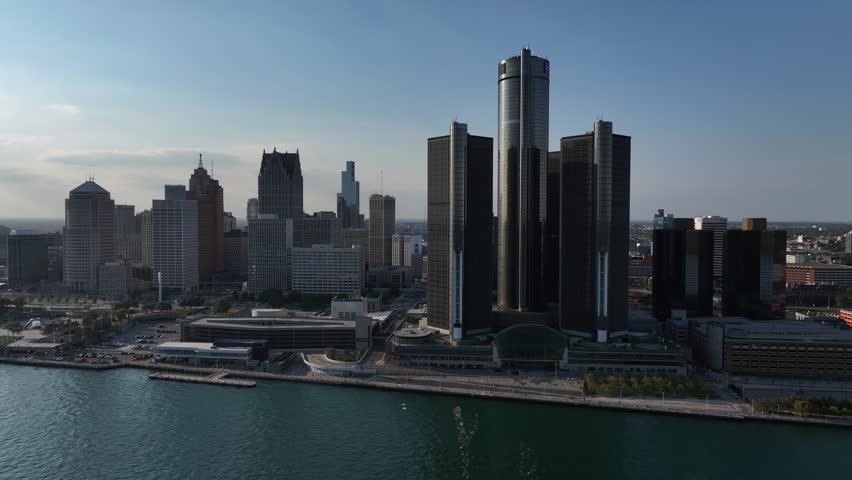 Aerial view of city skyline in Detroit downtown, USA