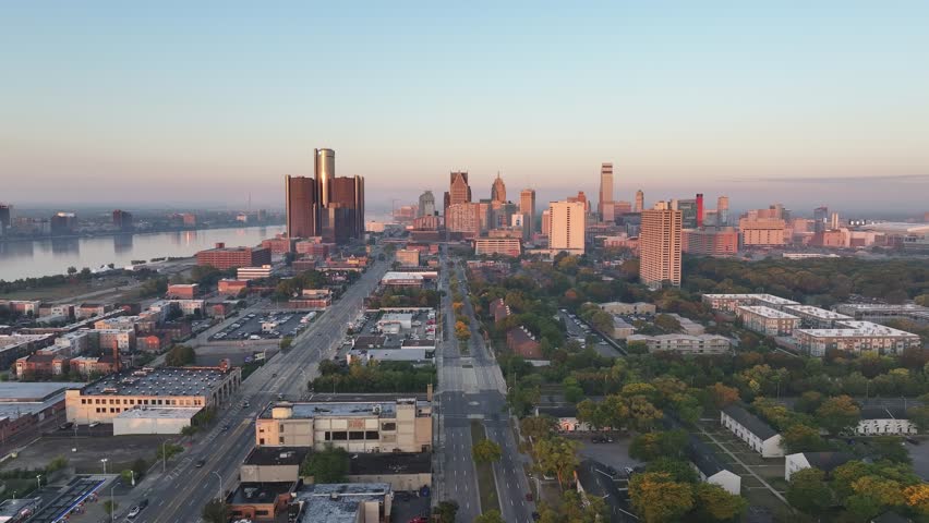 Aerial view of city skyline of Detroit downtown aera, USA