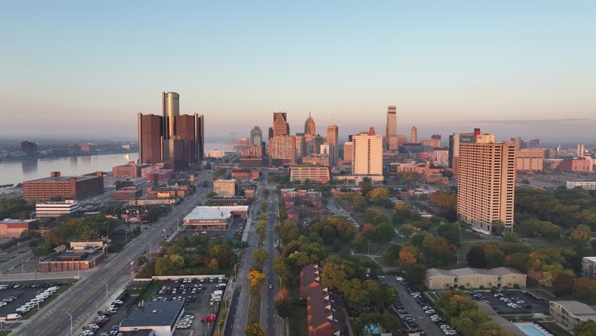 Aerial view of city skyline of Detroit downtown aera, USA