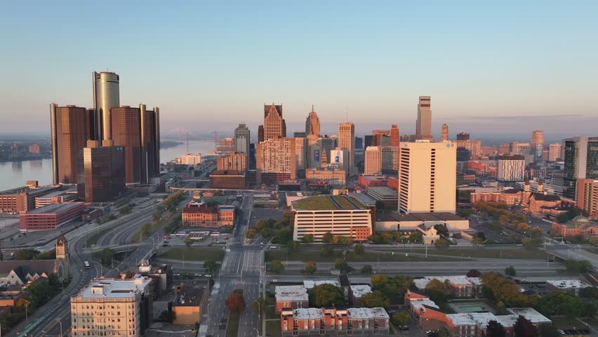 Aerial view of city skyline in Detroit downtown, USA